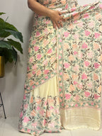 Pastel Kashmiri Aari Crepe Saree—Chain Stitch Embroidery, Festive & Wedding