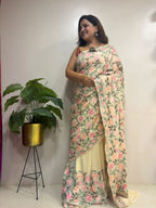 Pastel Kashmiri Aari Crepe Saree—Chain Stitch Embroidery, Festive & Wedding
