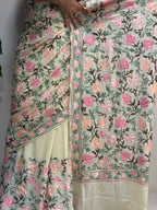 Pastel Kashmiri Aari Crepe Saree—Chain Stitch Embroidery, Festive & Wedding
