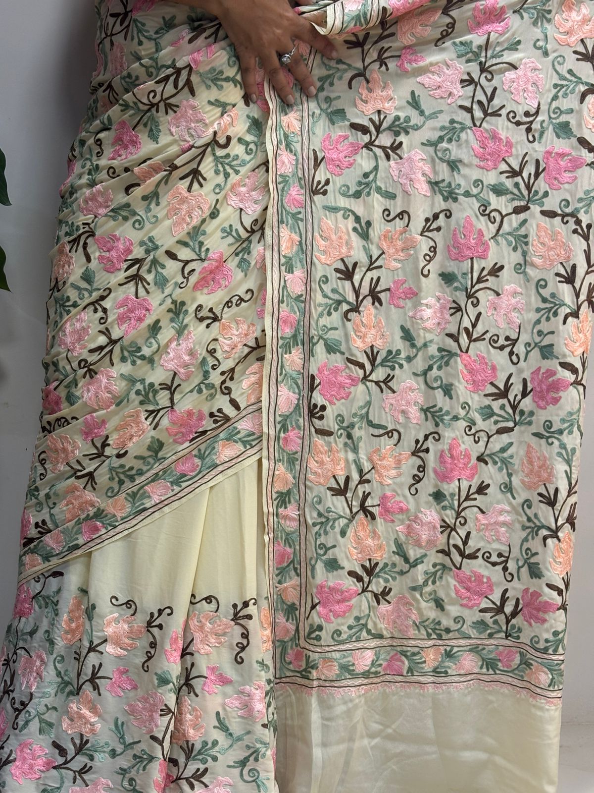 Pastel Kashmiri Aari Crepe Saree—Chain Stitch Embroidery, Festive & Wedding