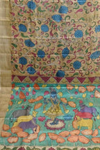 Pastel Hand Painted Kalamkari Pure Tussar Silk Saree