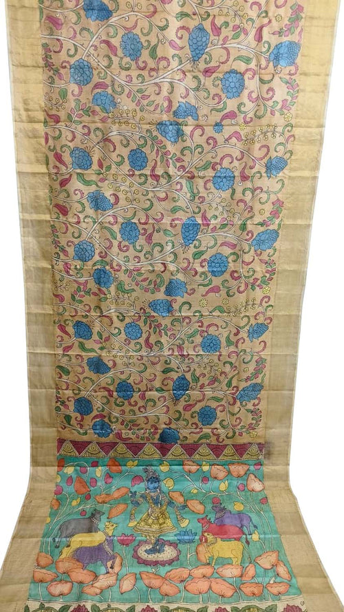 Pastel Hand Painted Kalamkari Pure Tussar Silk Saree
