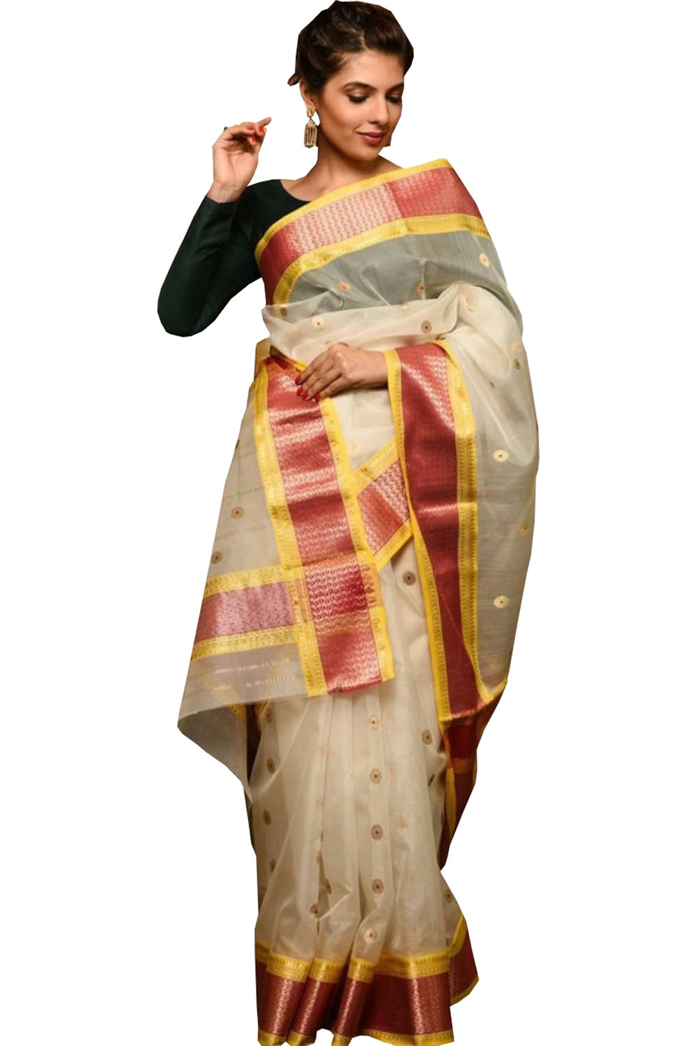 Golden Handloom Chanderi Katan Organza Saree — Zari Sheen, Bridal