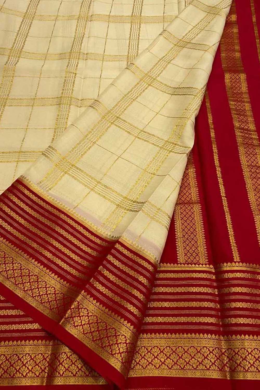 Pastel Mysore Crepe Silk Checks Saree — Handloom Weave, Festive