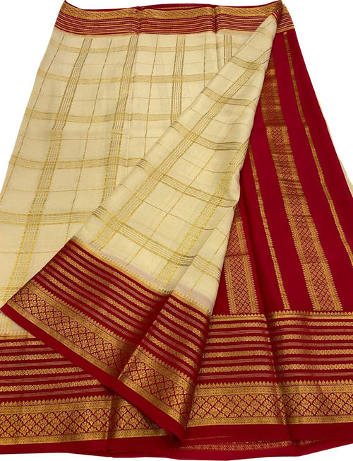 Pastel Mysore Crepe Silk Checks Saree — Handloom Weave, Festive