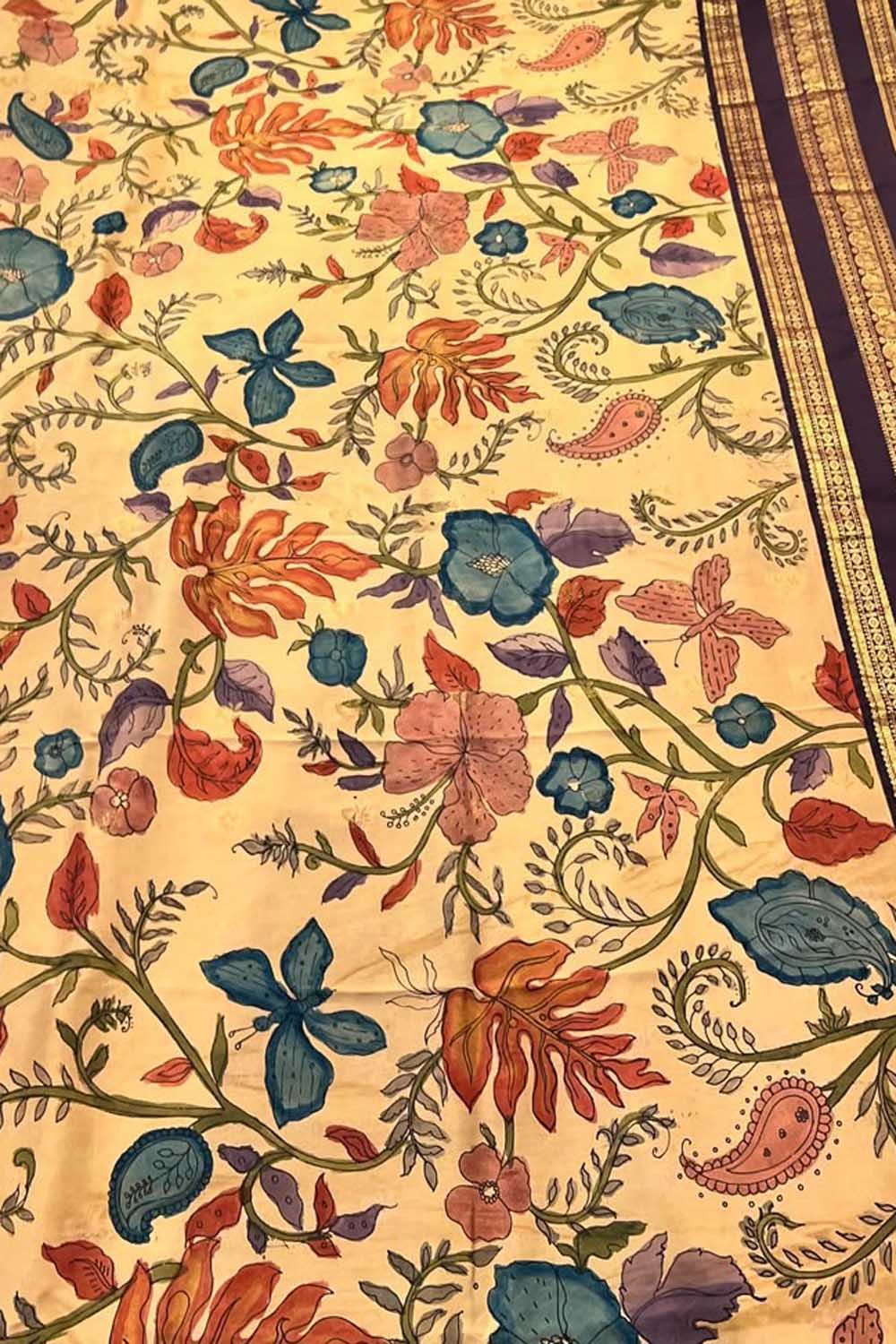 Pastel Kalamkari Hand Painted Ikat Kanjeevaram Pure Silk Saree