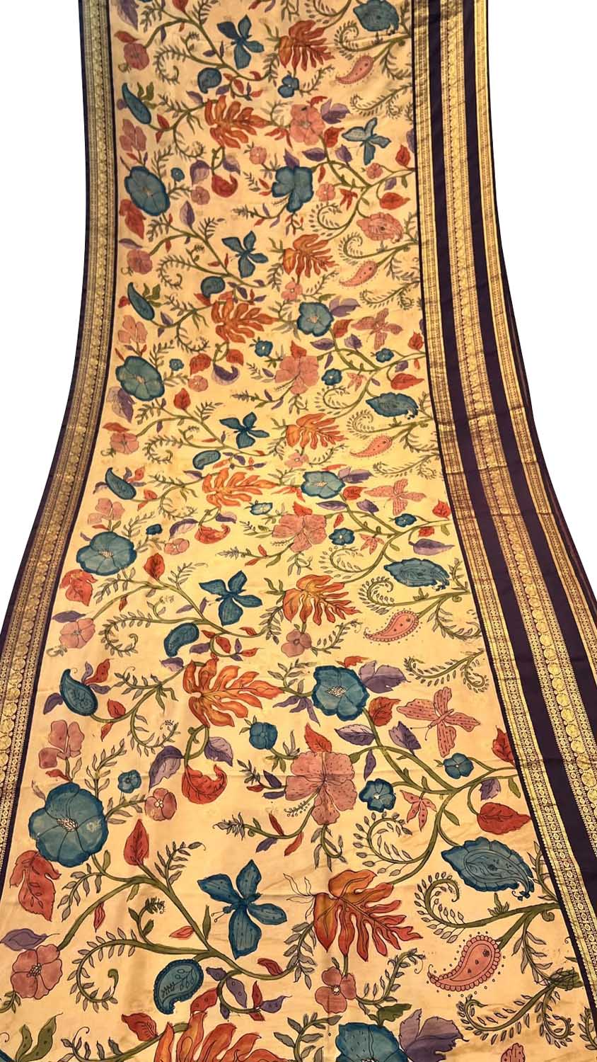 Pastel Kalamkari Hand Painted Ikat Kanjeevaram Pure Silk Saree