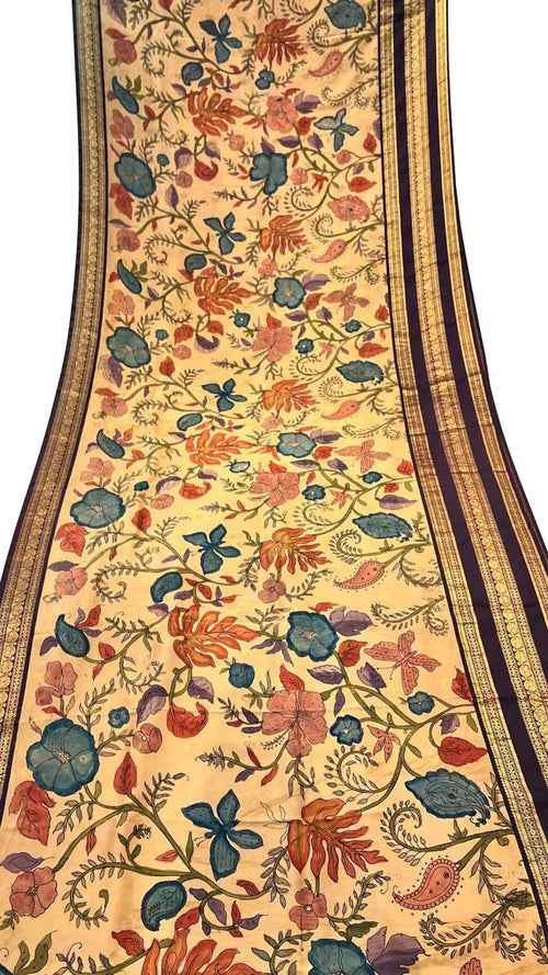 Pastel Kalamkari Hand Painted Ikat Kanjeevaram Pure Silk Saree