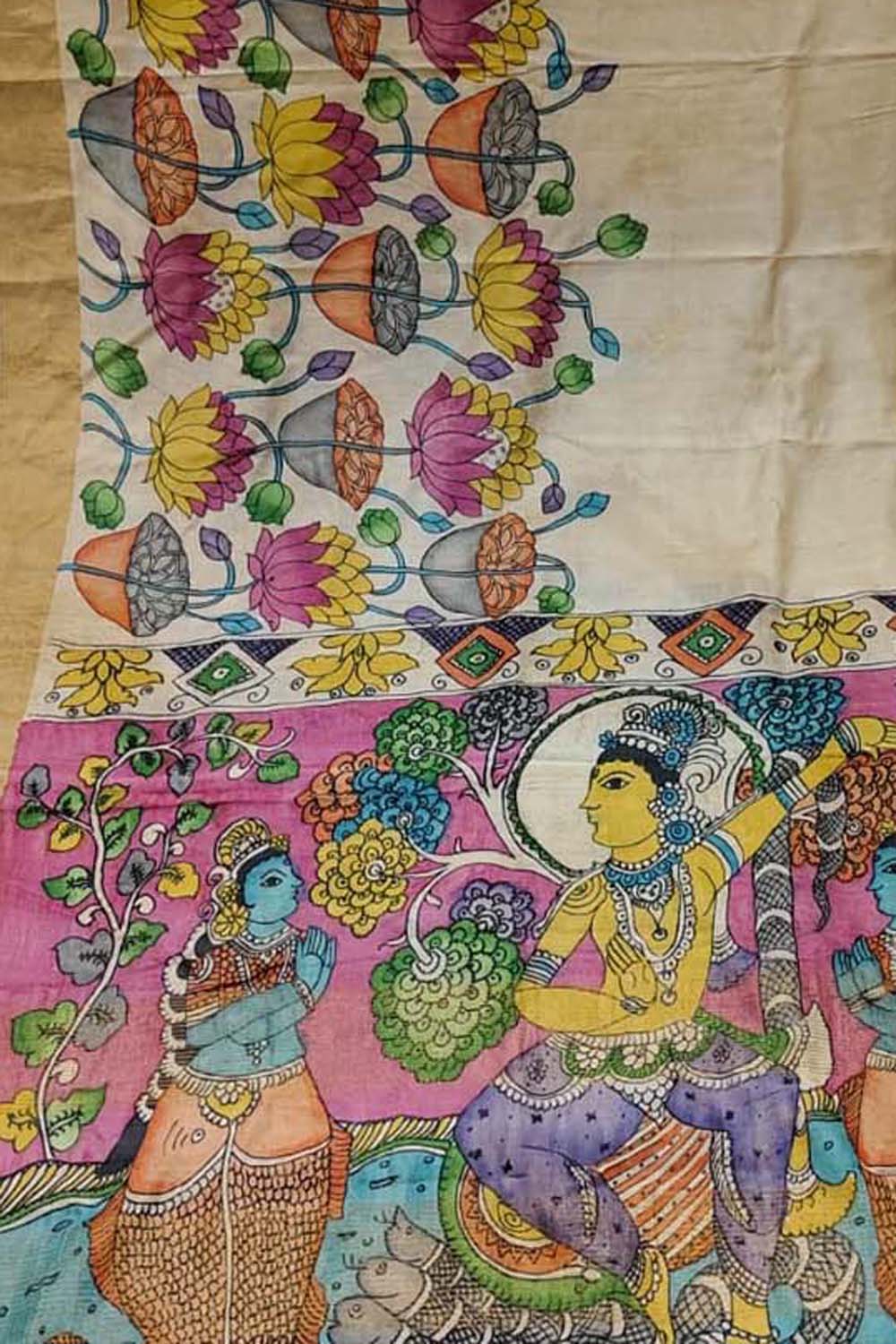 Pastel Pure Tussar Silk Hand Painted Kalamkari Saree
