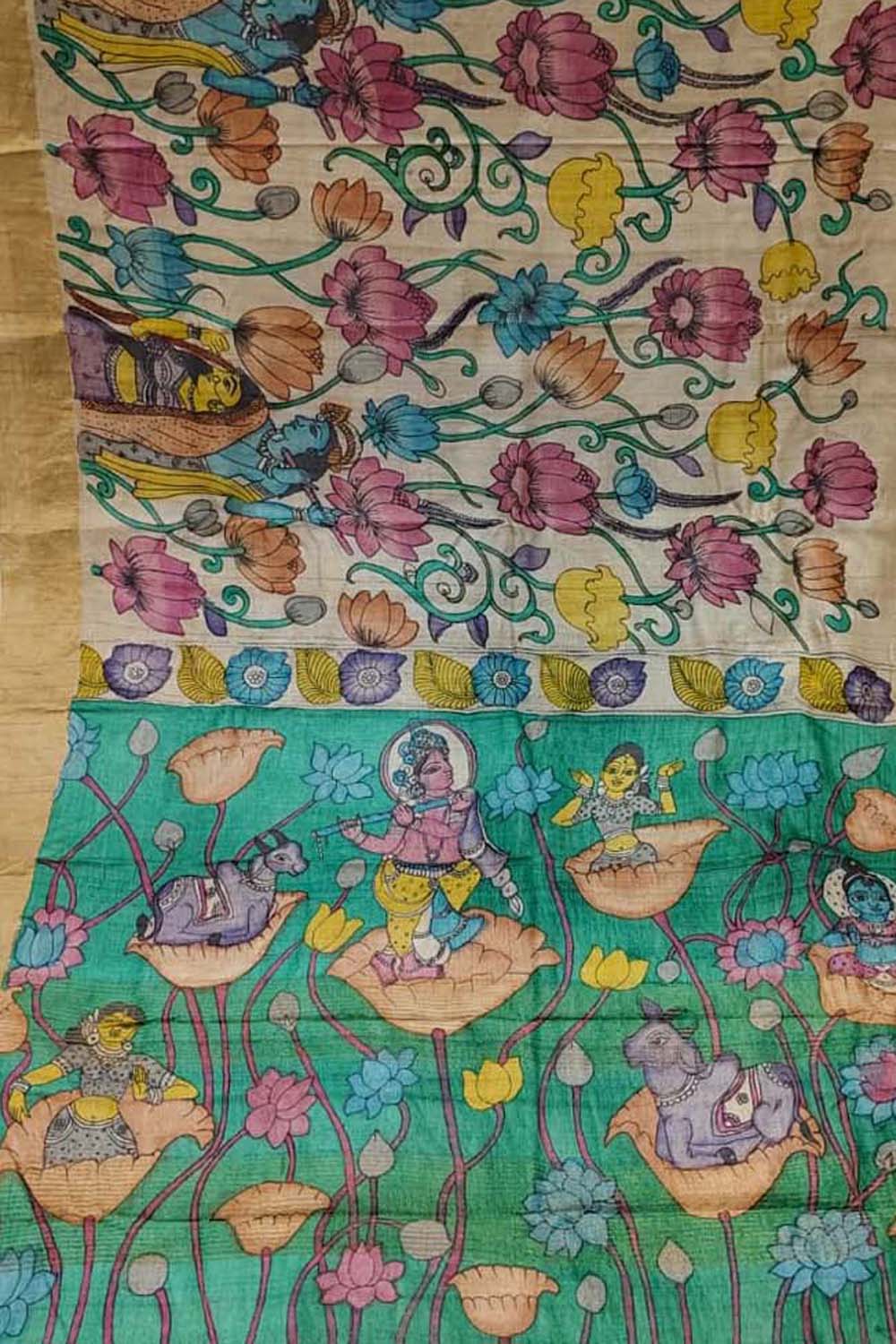 Pastel Pure Tussar Silk Hand Painted Kalamkari Saree