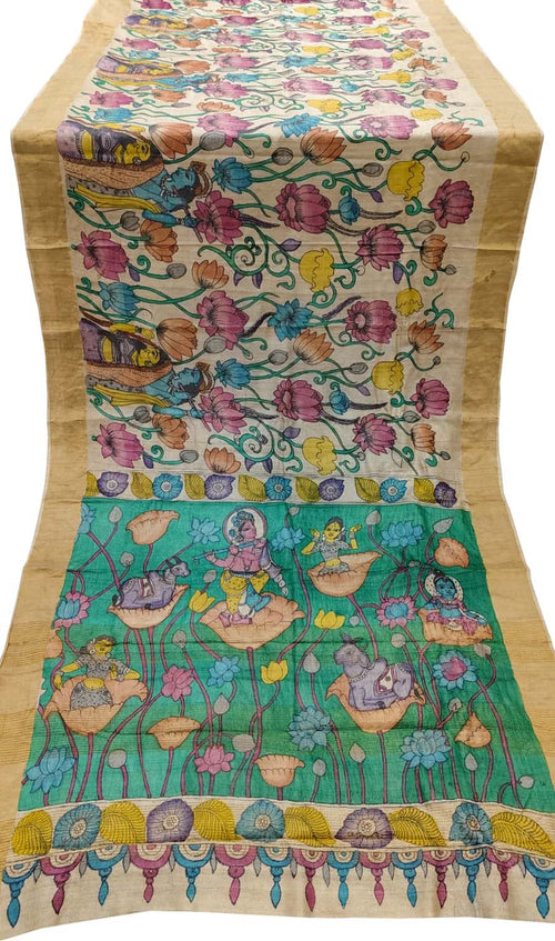 Pastel Pure Tussar Silk Hand Painted Kalamkari Saree