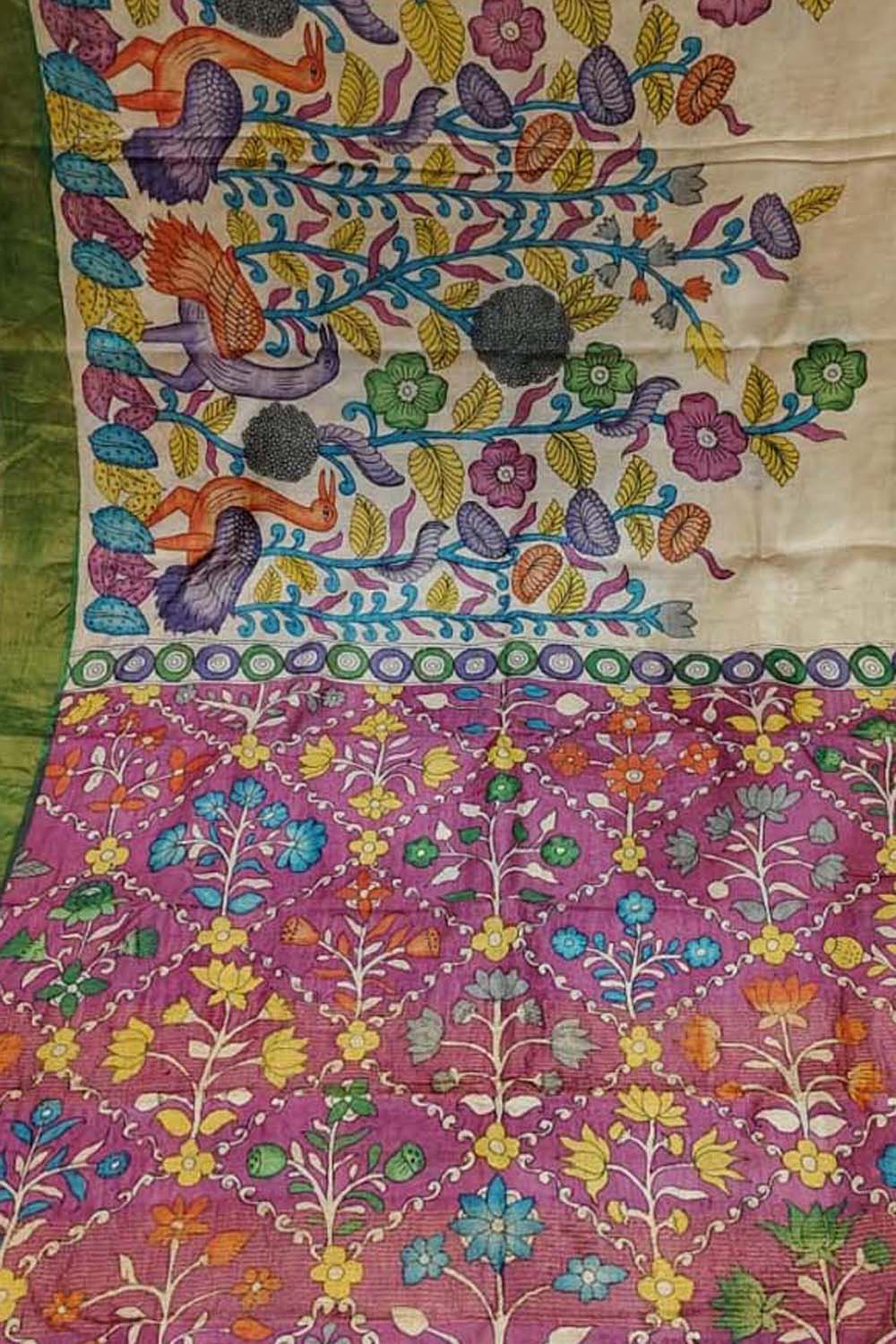 Pastel Pure Tussar Silk Hand Painted Kalamkari Saree