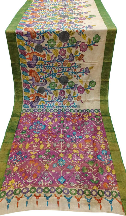 Pastel Pure Tussar Silk Hand Painted Kalamkari Saree