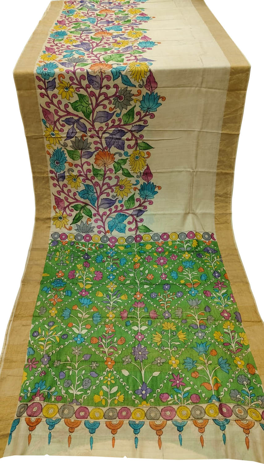 Pastel Pure Tussar Silk Hand Painted Kalamkari Saree