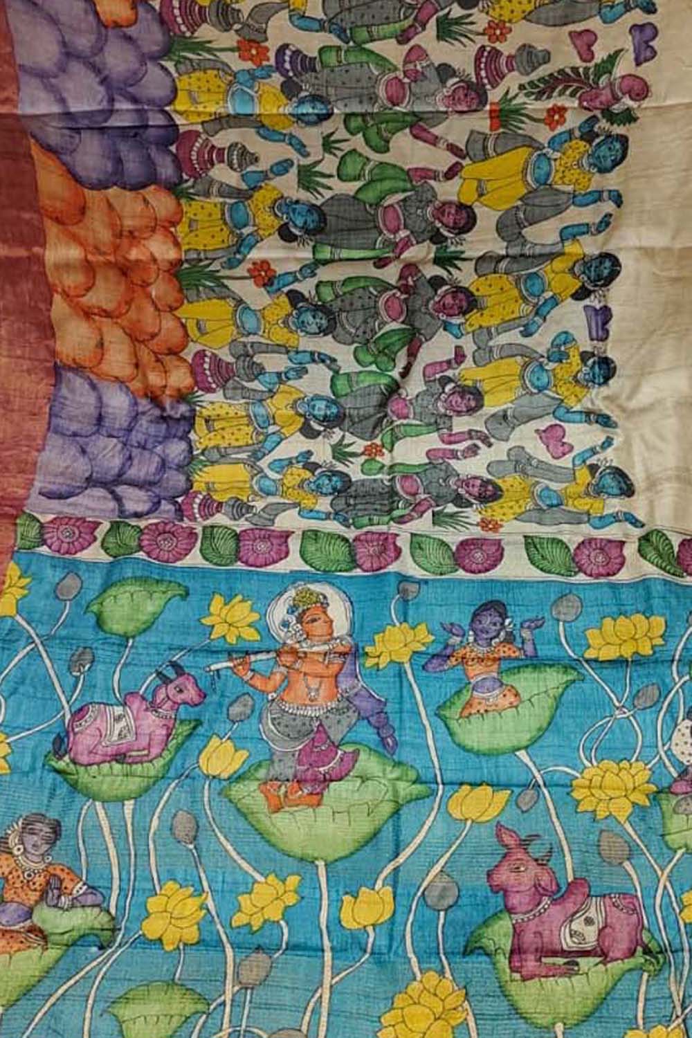 Pastel Pure Tussar Silk Hand Painted Kalamkari Saree