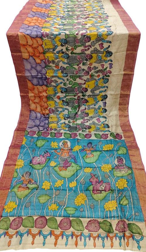 Pastel Pure Tussar Silk Hand Painted Kalamkari Saree