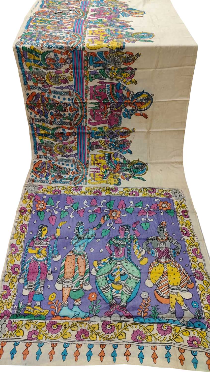 Pastel Pure Tussar Silk Hand Painted Kalamkari Saree
