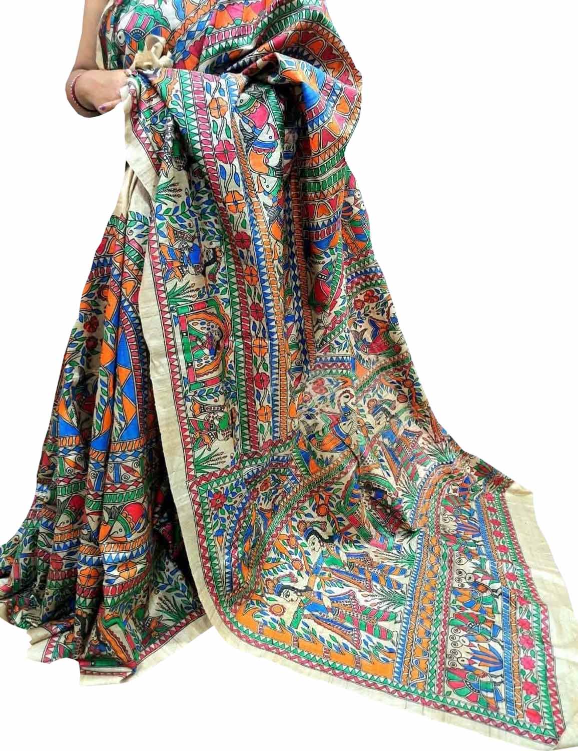 Pastel Pure Tussar Silk Hand Painted Madhubani Saree