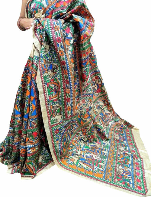 Pastel Pure Tussar Silk Hand Painted Madhubani Saree