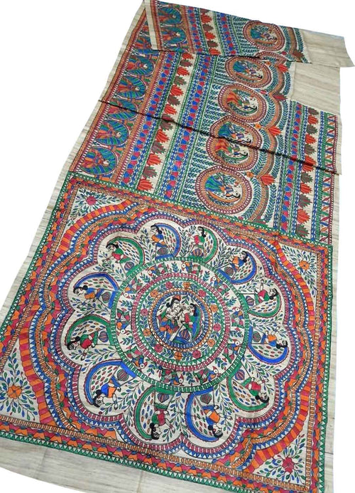 Pastel Pure Tussar Silk Hand Painted Madhubani Saree