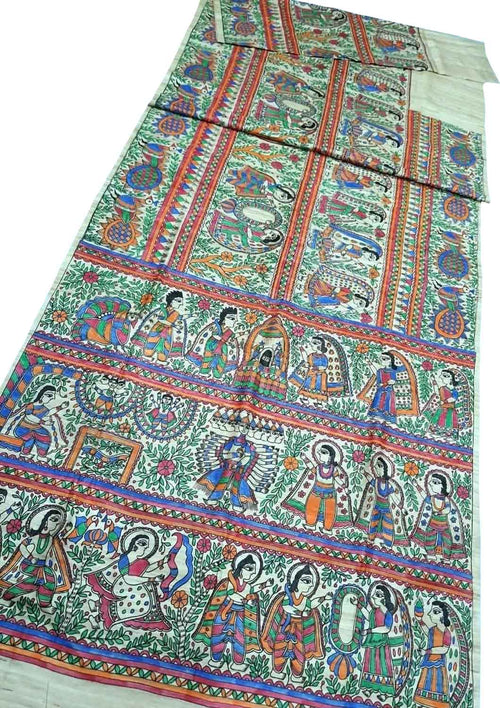 Pastel Pure Tussar Silk Hand Painted Madhubani Saree