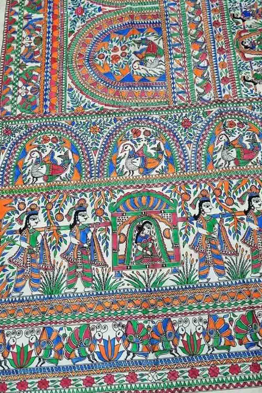 Pastel Pure Tussar Silk Hand Painted Madhubani Saree