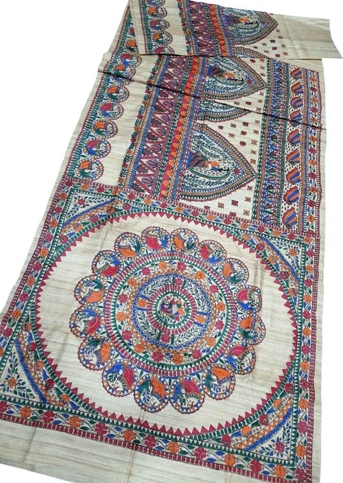Pastel Pure Tussar Silk Hand Painted Madhubani Saree