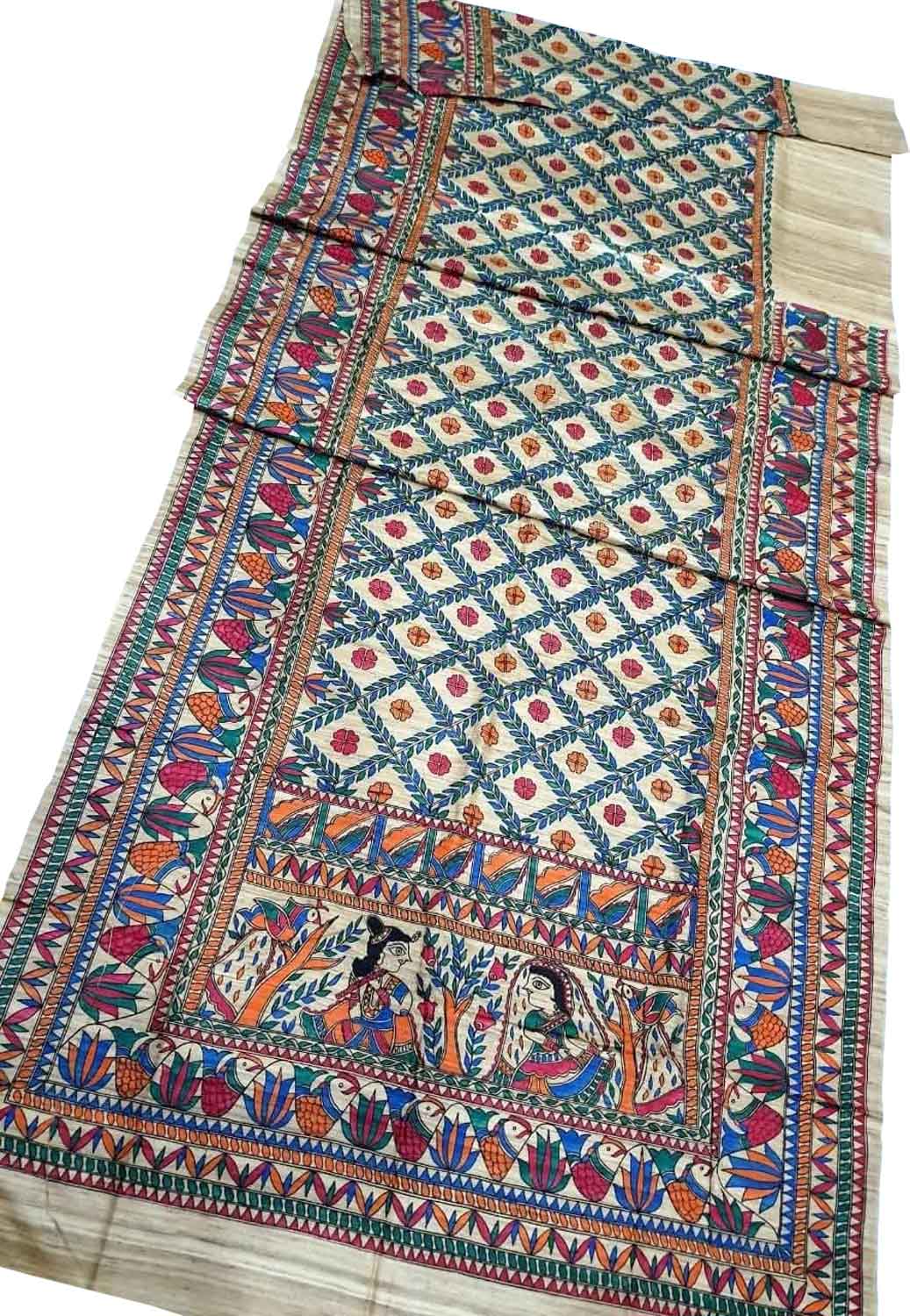 Pastel Pure Tussar Silk Hand Painted Madhubani Saree