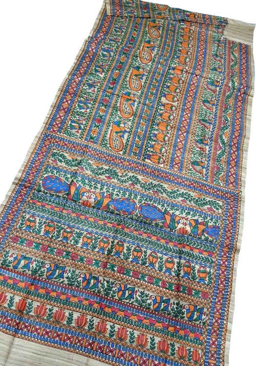 Pastel Pure Tussar Silk Hand Painted Madhubani Saree