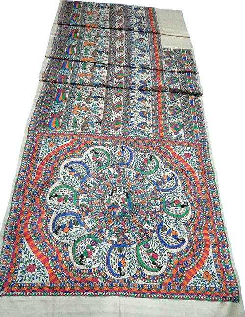 Pastel Pure Tussar Silk Hand Painted Madhubani Saree