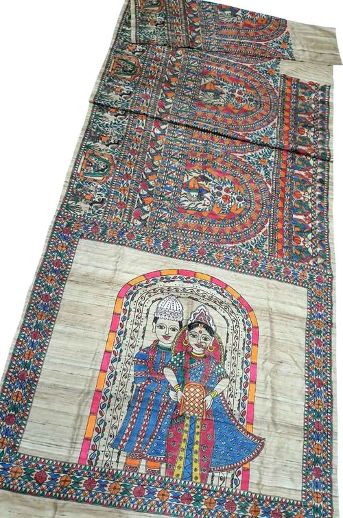 Pastel Pure Tussar Silk Hand Painted Madhubani Saree
