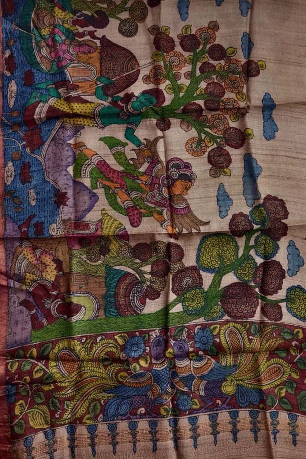 Pastel Pure Tussar Silk Pen Kalamakari Hand Painted Dupatta