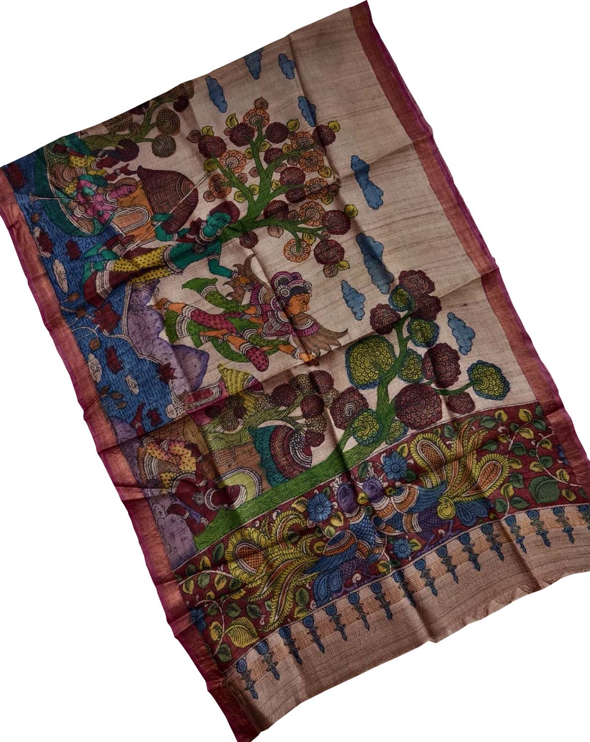 Pastel Pure Tussar Silk Pen Kalamakari Hand Painted Dupatta