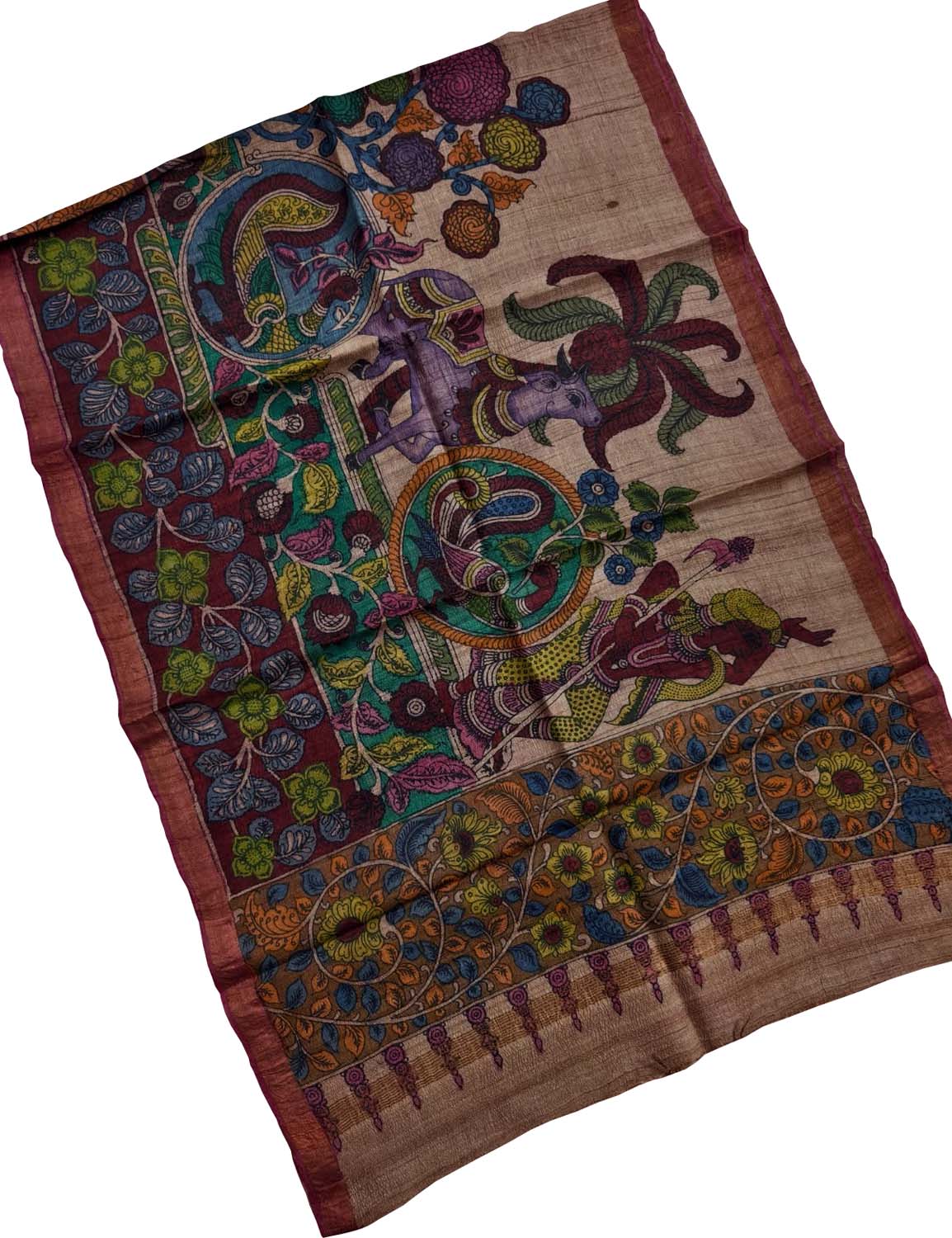 Pastel Pure Tussar Silk Pen Kalamakari Hand Painted Dupatta