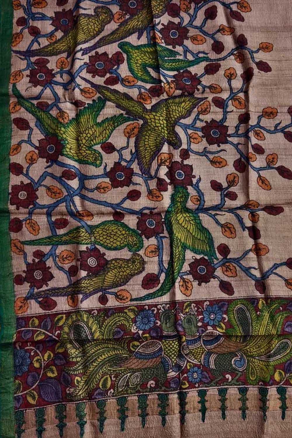 Pastel Pure Tussar Silk Pen Kalamakari Hand Painted Dupatta