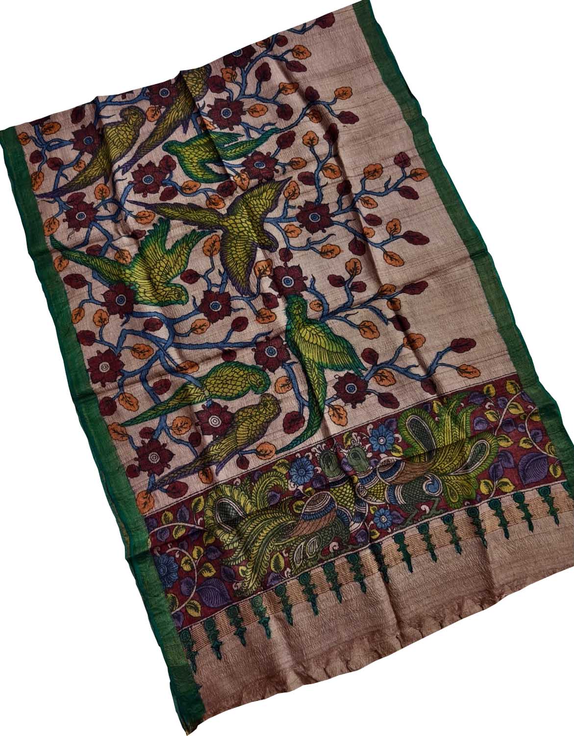 Pastel Pure Tussar Silk Pen Kalamakari Hand Painted Dupatta