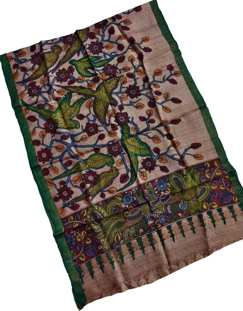Pastel Pure Tussar Silk Pen Kalamakari Hand Painted Dupatta