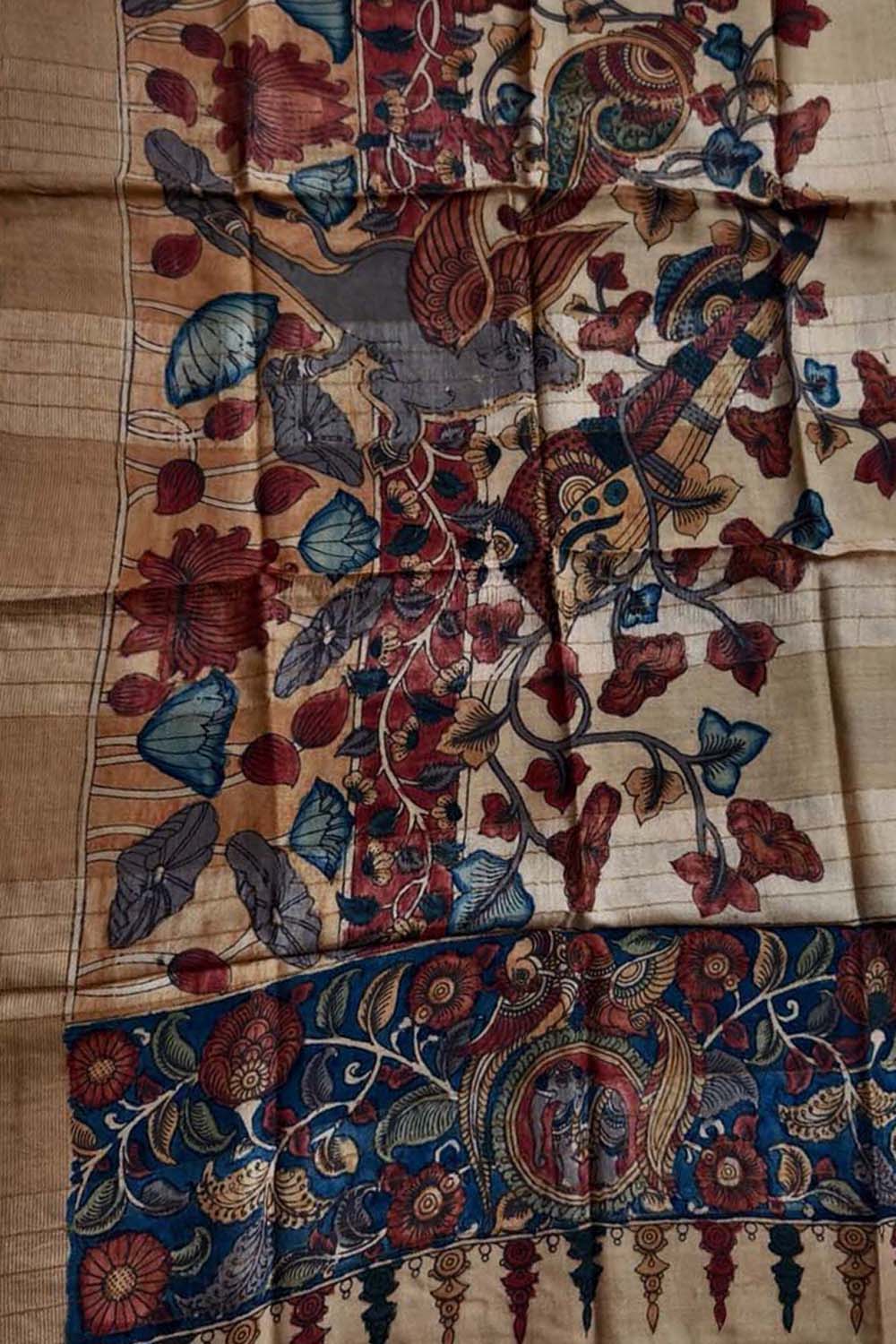 Pastel Pure Tussar Silk Pen Kalamakari Hand Painted Dupatta