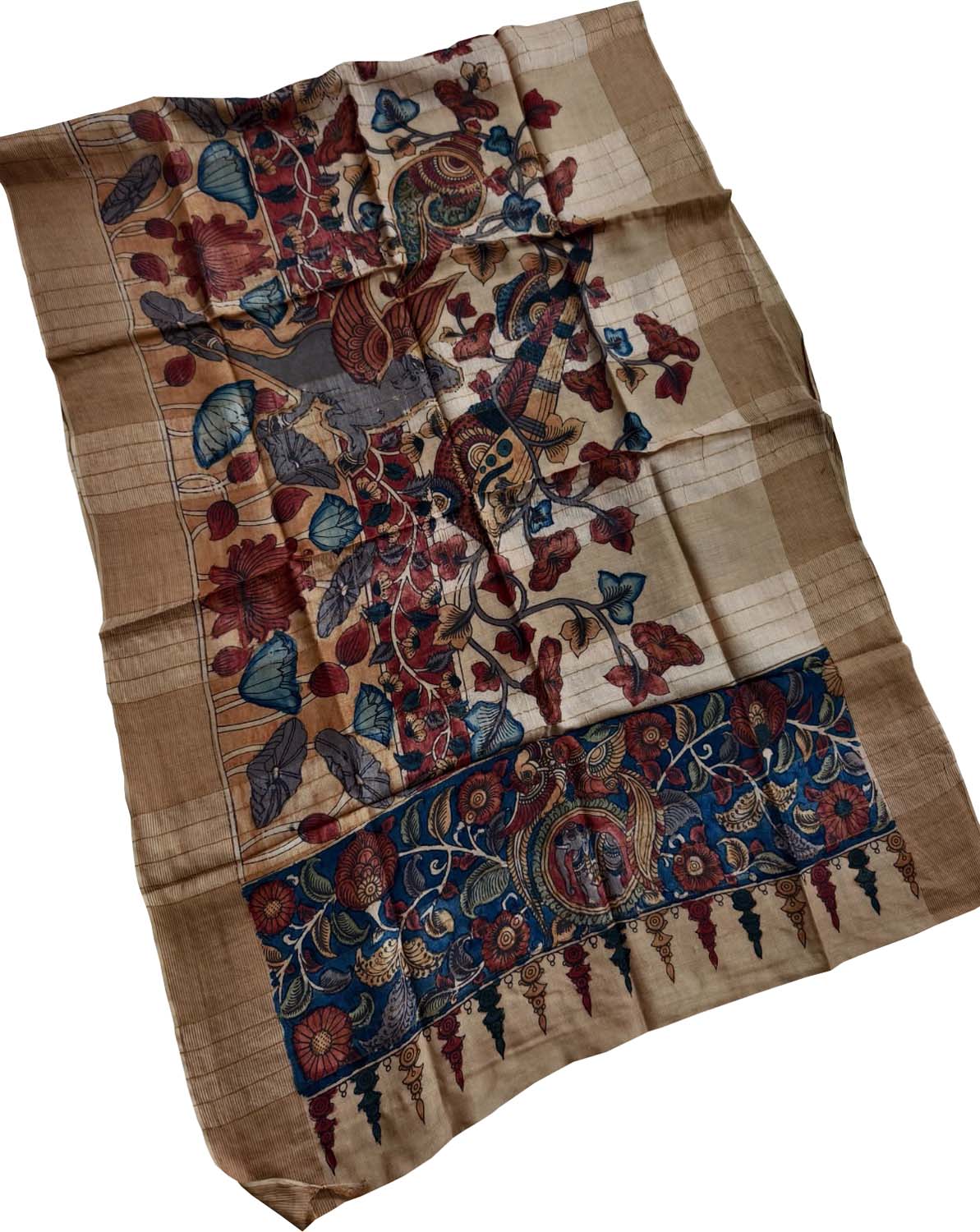 Pastel Pure Tussar Silk Pen Kalamakari Hand Painted Dupatta