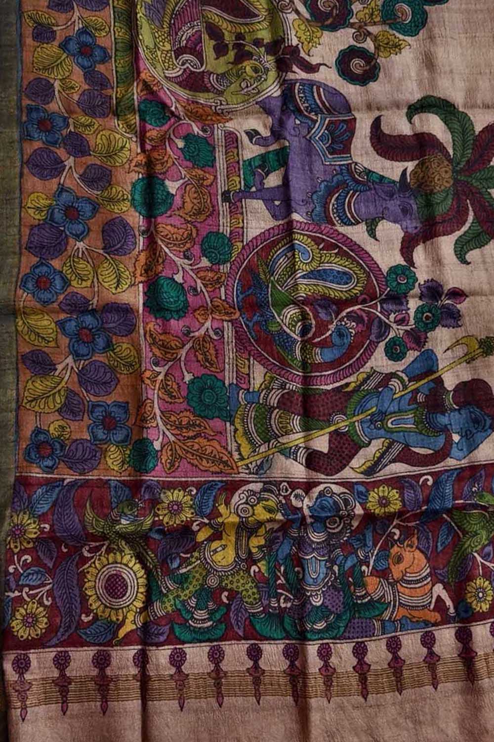 Pastel Pure Tussar Silk Pen Kalamakari Hand Painted Dupatta