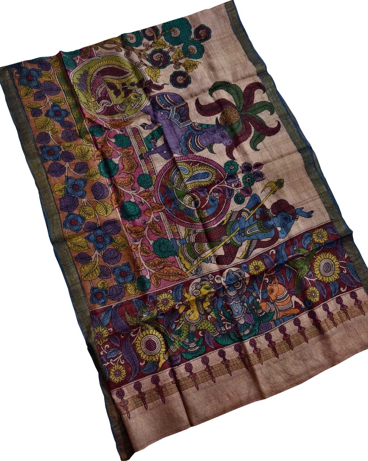 Pastel Pure Tussar Silk Pen Kalamakari Hand Painted Dupatta