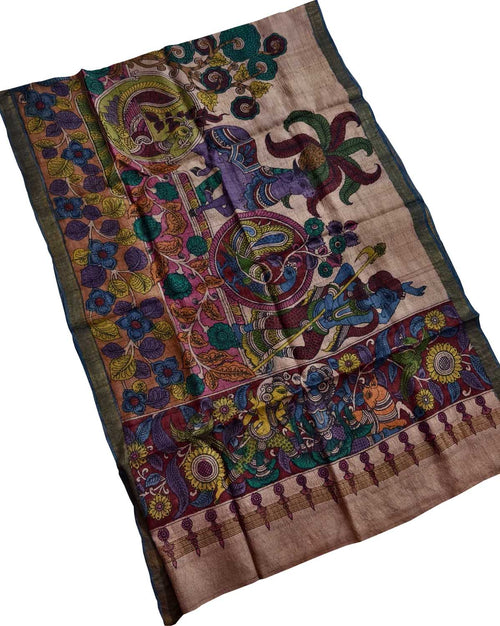 Pastel Pure Tussar Silk Pen Kalamakari Hand Painted Dupatta