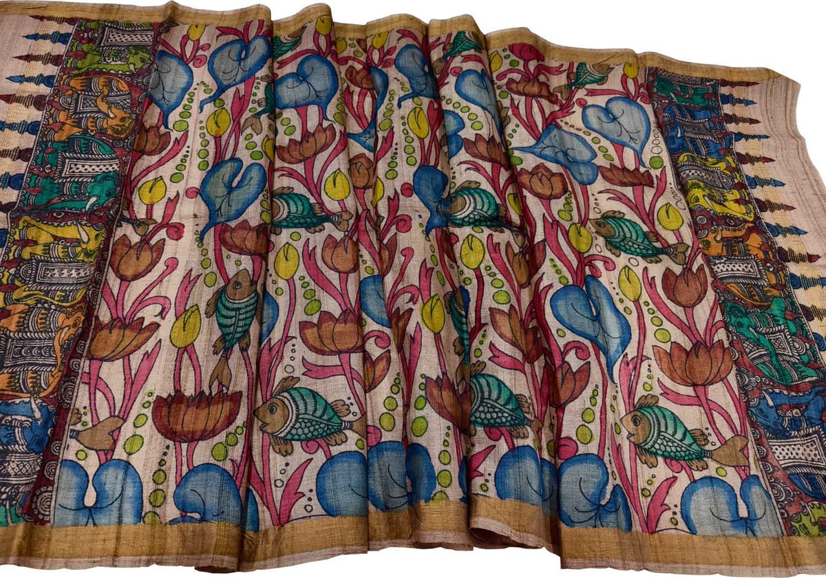 Pastel Pure Tussar Silk Pen Kalamakari Hand Painted Dupatta