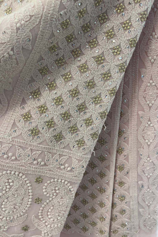 Peach Chikankari Embroidered Georgette Fabric ( 1 Mtr ) - Luxurion World