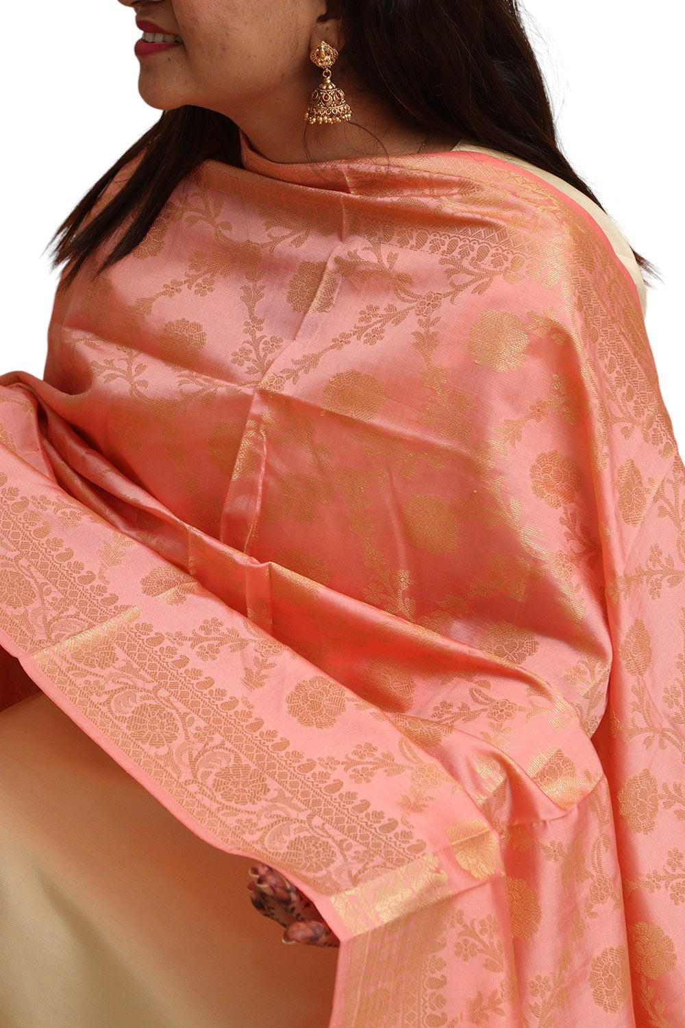 Peach Banarasi Silk Dupatta - with a beautifully handcrafted matching tassel - Luxurion World