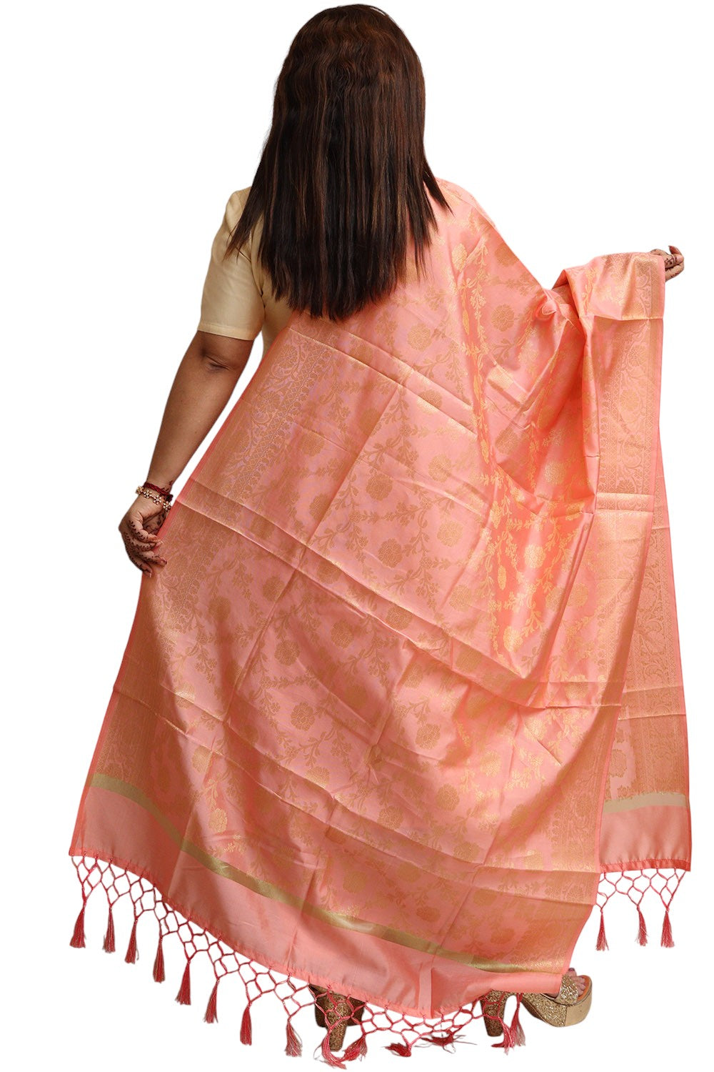 Peach Banarasi Silk Dupatta - with a beautifully handcrafted matching tassel - Luxurion World