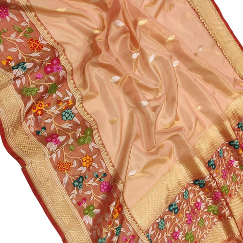 Peach Banarasi Kora Tissue Silk Saree — Meenakari Skirt Border, Festive Grace