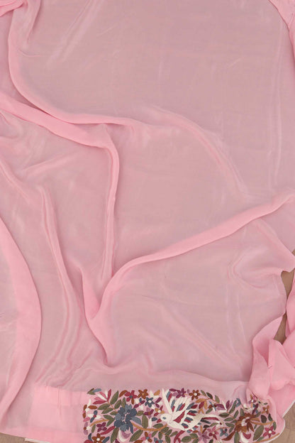 Pink Hand Embroidered Parsi Gara Crepe Floral And Bird Design Saree - Luxurion World