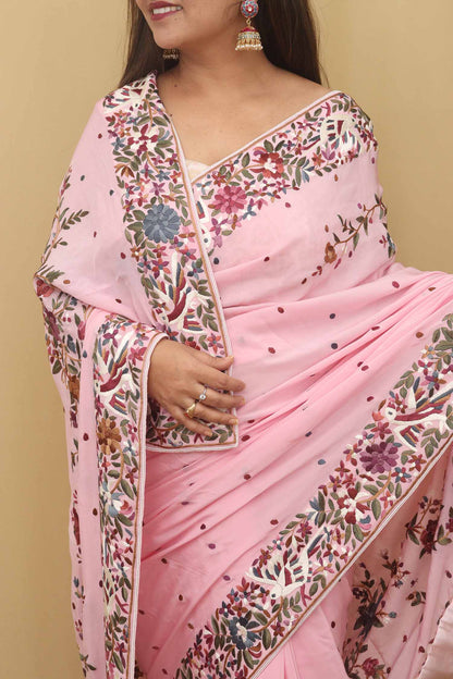 Pink Hand Embroidered Parsi Gara Crepe Floral And Bird Design Saree - Luxurion World
