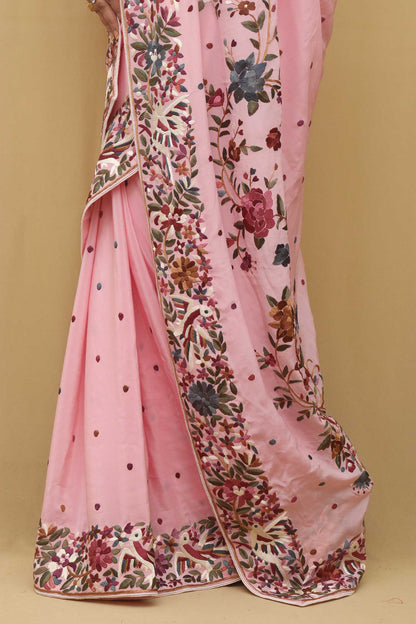 Pink Hand Embroidered Parsi Gara Crepe Floral And Bird Design Saree - Luxurion World